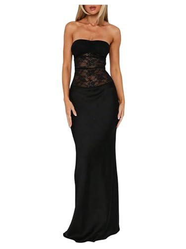 GORGLITTER Women's Lace Backless Patchwork Maxi Dress Elegant Classy Strapless Festival Y2K Sexy Gothic Tube Top Dress Black Small