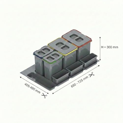 Miniatura 3 de Furnifit Sistema De Separación De Residuos De Cocina Para Armario De 80 Cm, 4 Compartimentos, 2 X 15 L 2 X 7 L Con Tapa Y Asa, Para Cajones, Cubo De Basura De Cocina, Juego De Cubos De Basura