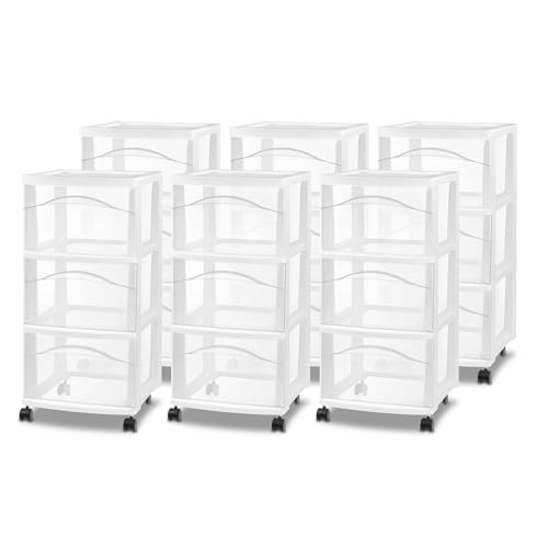 Sterilite 6 Pack 3 Drawer Storage Cart, Plastic Medium Organizer