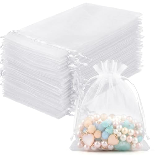 Image of FUNFERY 100 Pcs White Organza Bags 3x4 in, Small Mesh Drawstring Gift Bags for Sachet, Jewelry, Wedding Favor, Candy Goodie Treat Bag,Easter Day
