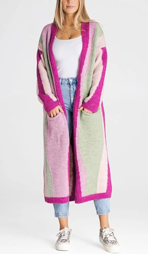 Image of chouyatou Women's Fall Open Front Color Block Long Cardigan Sweater Coat Casual Vertical Striped Coatigan