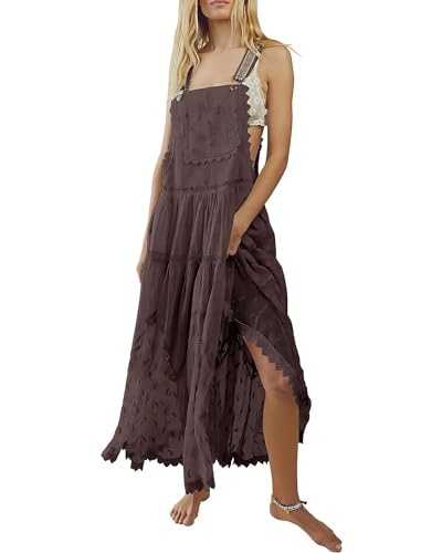 Image of Women's Laced Embroidered Tulle Boho Dress Casual Loose Adjustable Straps Bib Maxi Dress