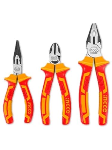 INGCO 3 Pcs Insulated Pliers Set, Cr-V, Black Finish and Polish, Two Color Handle, Stand 1000V High Pressure, Includes, 8" Insulated combination pliers, 6" Insulated long nose pliers, 6" Insulated diagonal cutting pliers for Home, DIY, Vehicle Repair, Equipment Assembly, Machine Maintence