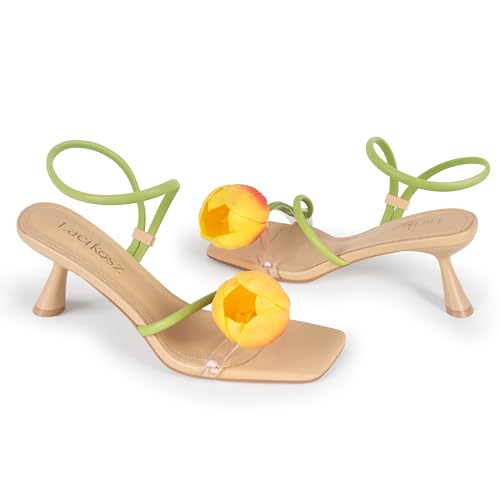 Image of LACIKOSZ Flower Kitten Heel Sandals for Women Calla Lily Green Heels Square Open Toe Floral Strappy Low Heel Sandals Summer Dressy Wedding Shoes