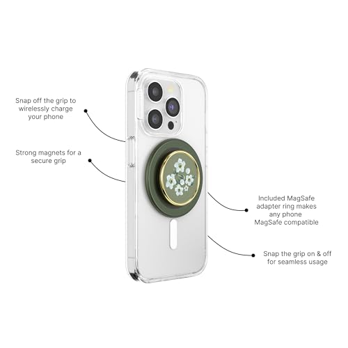 PopSockets Phone Grip for MagSafe with Kickstand, Magnetic Stand, Swappable Top, Secure Hold for iPhone MagSafe Cases, Phone & Tablet Grip, Cute PopSockets, Green, Flower - Enamel Floral Relief