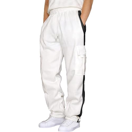 Men's Cargo Sweatpants Open Bottom Baggy Athletic Pants Casual Drawstring Bottom Sweat Pants with Pockets (White5,X-Large)