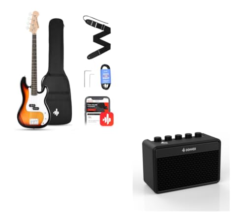 Donner Electric Bass Guitar 4 Strings Full-Size Standard Bass PB-Style Beginner Kit Sunburst and Donner Mini Guitar Amp Small Electric Amplifier 5W Portable - image 1
