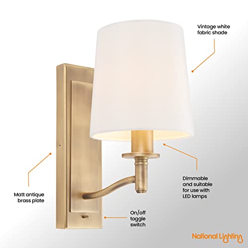 Rowan Decorative Matt Antique Brass E14 LED Compatible Wall Light with a White Fabric Shade - Image 4