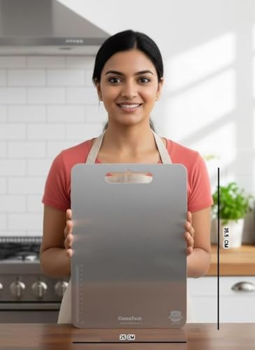 Image of Stainless Steel Vegetable Chopping Board - Heavy Duty Cutting Board for Vegi, Fruits & Meat | Rust-Proof, Durable & Hygienic Kitchen Board (Size-L, 35.5 x 25 cm)