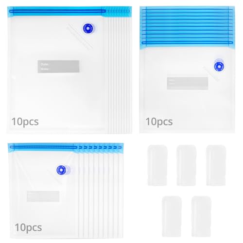 QWORK® 30 Piezas Bolsas de vacío Reutilizables, 3 tamaños Bolsas envasar al vacio con válvula y Cremallera, para Frutas, Verduras, filamento de impresión 3D