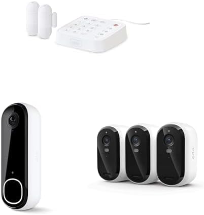 Arlo Home Security System Wired Keypad Sensor Hub, (2) 8-in-1 Sensors + Video Doorbell + Essential 3rd Gen Battery Outdoor Security Camera (3 Pack), No Contract Required, DIY Installation,Alarm System