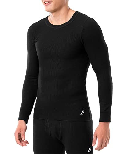 Nautica Men's Long Sleeve Base Layer Set Crewneck Waffle Thermal Underwear Top And Bottom Set (Black, Medium) #TOP1