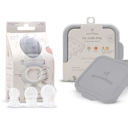 Image of Moss and Fawn Baby's First Bites Bundle - Silicone Frozen Breast Milk Popsicle Kit with Forage Feeder & Teething Popsicle Ice Cube Tray - BPA, PVC, & Lead-Free - Dew