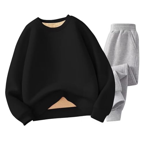 Kids Girls Fleece-Lined Sweatshirts Set 2 Piece Crew Neck Pullover Tops+jogger Sweatpants Thick Warm Sport Outfits