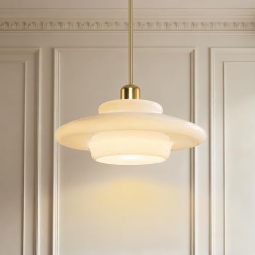 Zobawlks Milk Glass Pendant Light Mid Century Modern Gold Rod Fixture