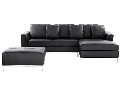 Canapé Angle à Gauche en Cuir Véritable Noir et Pouf Ottoman Housses Amovibles Oslo