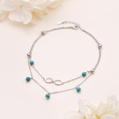 Image of Flyow Anklet for Women S925 Sterling Silver Adjustable Foot Beaded Heart Charm Ankle Bracelet Anklets Jewelry
