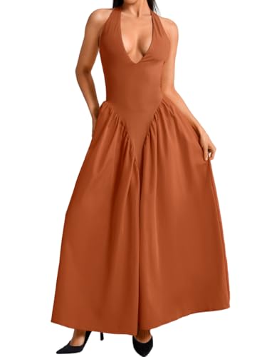 Image of ChiaoLezhee Deep V Neck Dress, Halter Maxi Dresses, Vacation Date Night, Sexy for Women Corset Flowy Wedding Guest Drop Waist