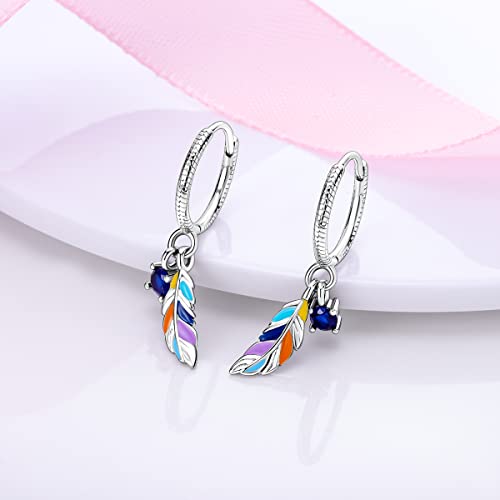 Parmuz 925 Sterling Silver Dangle Drop Hoop Earring for woman Boho vintage Feather Dangling Earring set purple Dream Catcher Simple Small Huggie earring Jewelry Gift3