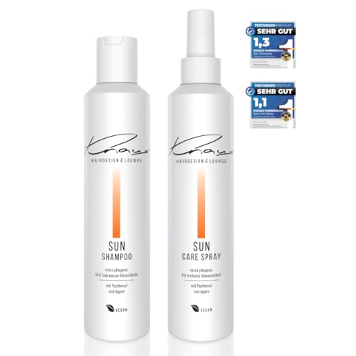Knaus SUN CARE Set – Shampoo & 2-Phasen Leave-In Spray | Schutz & Regeneration für Sommerhaare | Mit Panthenol & Agavenextrakt | UV-Schutz, Feuchtigkeit & Pflege gegen Chlor und Salzwasser
