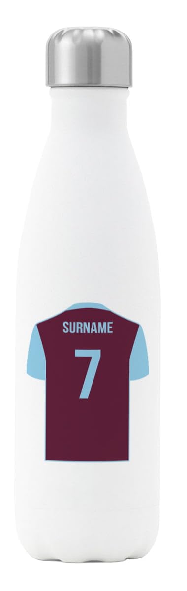 Go Find A Gift Personalised Football Shirt Design Insulated Water Bottle for Burnley supporters, 500ml capacity - White - Stainless Steel - Great for Clarets fans