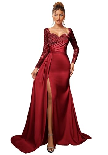 Mermaid Sequin Prom Dresses for Women 2026 Long Sleeve Satin Formal Dress Glitter Tight Evening...