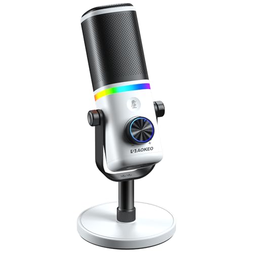 Aokeo Microphone for PC, AK-10 USB/XLR Dynamic Desktop Microphone for Gaming,Podcast,Streaming with RGB Light,Volume Control,Mute Button,Noise Reduction(White)