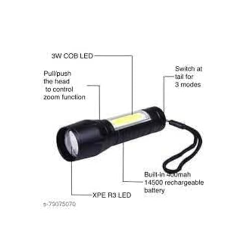 Image of Home Lane LED Flashlight with COB Light Mini Waterproof Portable LED Flashlight USB Rechargeable 3 Modes Light Flashlight - Black