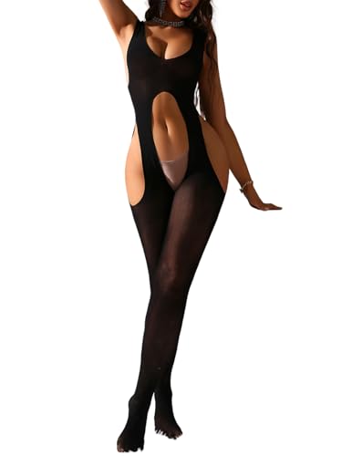 NewBull Body Sexy Femme Lingerie Transparent Maille Élastique Bodystocking Tenue Coquine Hot Nuisette Bodysuit Ouverte Resille Combinaison Sans Manches Sans Entrejambe...