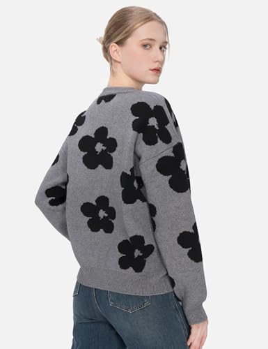 SDEER Women's Floral Print Pullovers Crewneck Loose Fit Sweater Tops Long Sleeve Knit Sweaters3