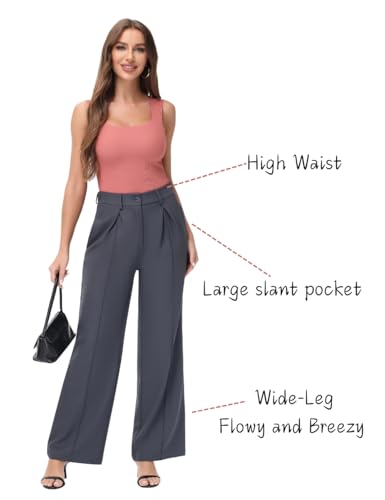 Women Wide Leg High Waisted Flowy Dress Pants Workout Casual Trousers Dark Grey3