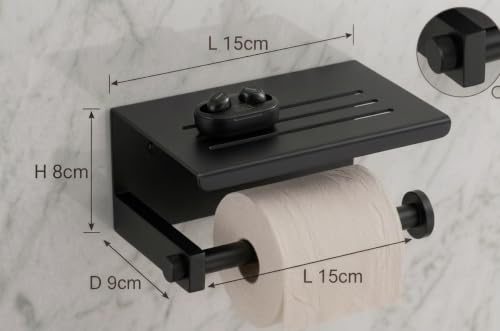 Image of Premium Stainless Steel Toilet Paper Holder with Storage Shelf | Matte Black Anti-Rust Bathroom Tissue Roll Dispenser | Wall Mounted Phone Holder & Organizer (Square BL44)