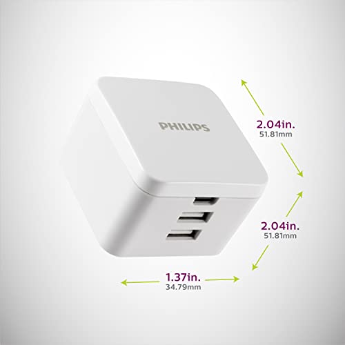Philips 32W USB Wall Charger, includes 2 USB-A Ports (12W) and 1 USB-C Port (20W), Built-in Foldable Plug, USB Certified, White, DLP1032Q/37