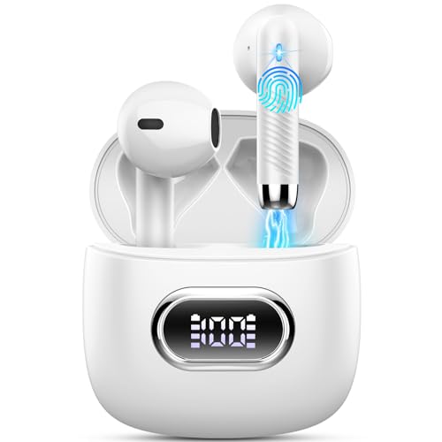 Wireless Earbuds, Bluetooth 5.4 Headphones in Ear with Deep Bass, 42H Bluetooth Earphones ENC Noise Cancelling Mic, 2025 New Ear Buds IP7 Waterproof, Mini Wireless Headphones LED Display, White