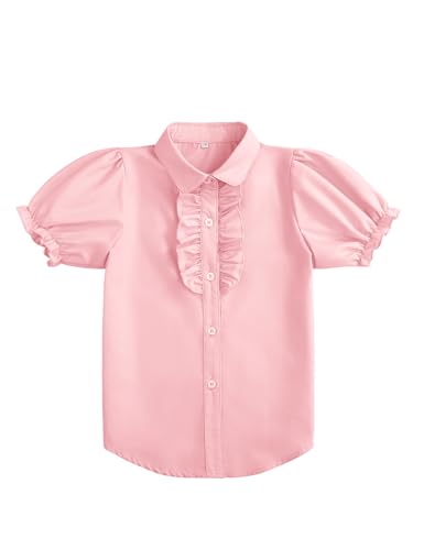 Image of Girls Short Sleeve Button Down Shirts Ruffle School Uniform Crop Tops Peter Pan Collar Plaid Blouse 4-13Y