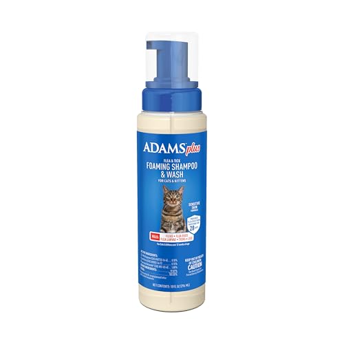 ADAMS Plus Flea & Tick Foaming Shampoo & Wash for Cats & Kittens Over 12 Weeks, Sensitive Skin Flea Treatment for Cats & Kittens, Kills Adult Fleas, Ticks and Lice On Contact, 10 Ounces