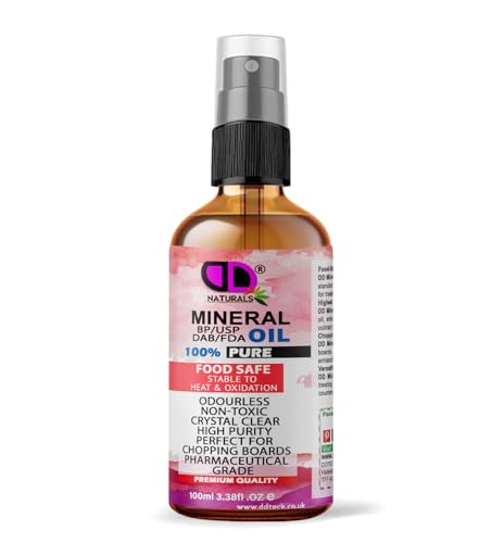 DD Teck Food Grade Mineral Oil – Chopping Board & Butcher Block Conditioner for Cutting Boards, Wood, Bamboo & Countertops – Clear, Tasteless, Odourless Kitchen Board Oil (100ml Glass Bottle Spray)