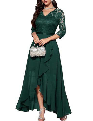 Bbonlinedress Abendkleider Langarm elegant Damen Spitze Chiffon V-Ausschnitt Brautjunferkleid Party Abschlusskleid festliches Ballkleid Dark Green S