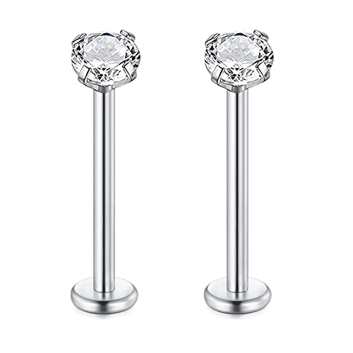 Rajnard Plata Labret Piercing Stud 16G Acero Quirúrgico 16mm Labret Monroe Mejilla Lengua Hélix Tragus Pendientes Stud Body Piercings Joyería con Zircon Hilo Interno para Mujeres Hombres