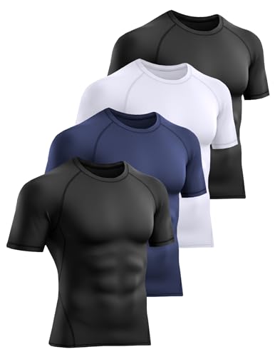 Veldtholos 4 Pack Mens Compression Shirts Short Sleeve Cool Dry Workout T-Shirt Undershirt Rash Guard for Gym Running AL