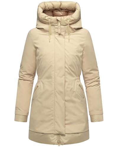 Navahoo Damen Wintermantel warmer Parka mit magnetischer Abdeckleiste und verstellbarer Kapuze Winterprinzessin 14 Beige Gr. L