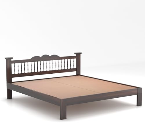 Image of Solid Sheesham Wood Queen Size Bed Without Storage for Bedroom Solid Wooden Furniture Beds for Home Living Room (Walnut Finish)