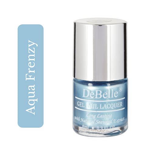 DeBelle Nail Polish, Glossy Finish, Aqua Frenzy - Metallic Sky Blue, 8 Ml