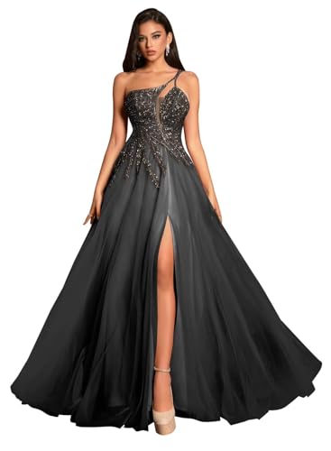 Image of MYDRESS Beading Tulle Prom Dresses 2026 with Pockets Spaghetti Strap Formal Evening Dresses with Slit