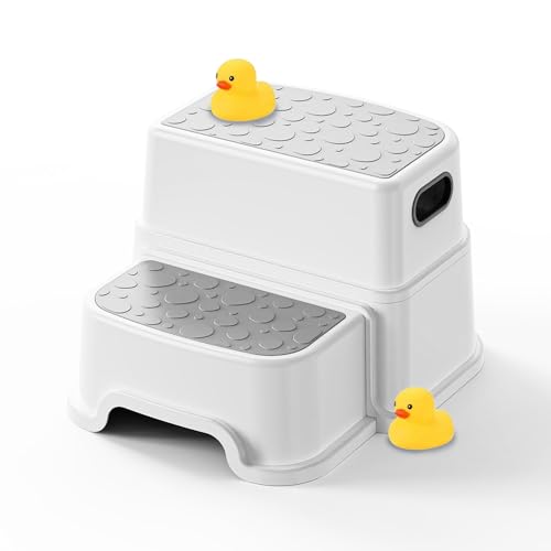 Two Step Stool for Kids – Non-Slip Toddler Step Stool for Bathroom Sink & Potty Training, Dual Height 9.5”, Safe & Sturdy for Kitchen, Bedroom & Classroom (Includes Two Ducks)
