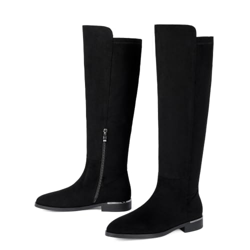 Image of Modatope Rounded Toe Flat Stretchy Dress Knee High Boots Side Zipper | Suede Elastic Fall Winter Boots, Low Chunky Block Heel Riding Boots,2026 Fashion Womens Tall Long Boots
