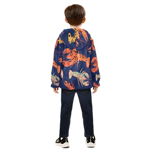 Lobster Print on Blue Background Toddler Fleece Jacket Girl Boys Hooded Fleece Jacket Coat Warm Outwear Zip-up 3-10T4