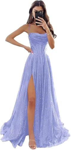 FoinLuve Glitter Sequin Lavender Prom Dresses for Women 2025 Long Cowl Neck Sparkly Corset Formal...
