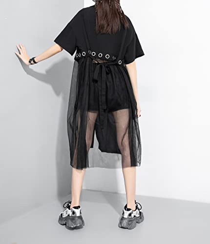 ellazhu Women's Black Short Sleeve Casual Mesh Tunic T-Shirt Dress GY22712