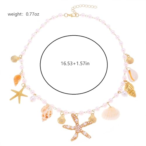 Charming Beachy Sea Shell Star Starfish Choker Necklace for Women, Dainty Boho Beaded Pearl Seashell Conch Necklaces Cute Beach Holiday Jewelry Accessories2